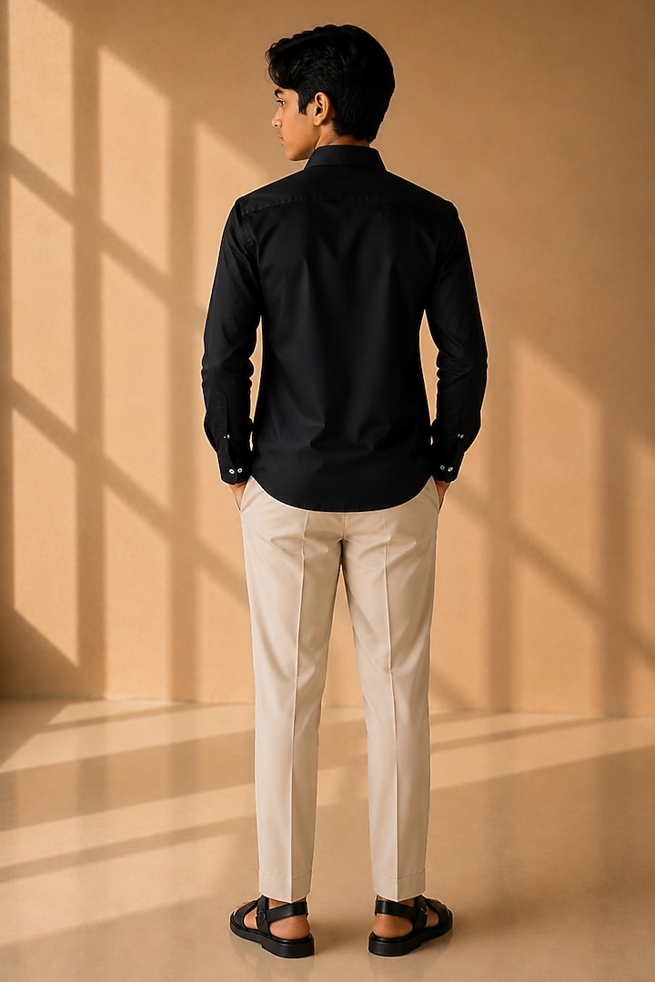 Black Cotton Lycra Motif Embroidered Shirt For Boys by Amit Arora Kids at Pernia's Pop Up Shop