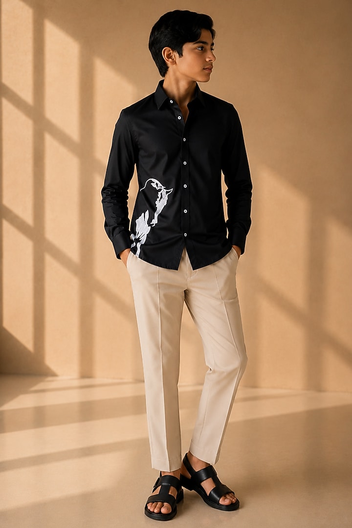 Black Cotton Lycra Motif Embroidered Shirt For Boys by Amit Arora Kids at Pernia's Pop Up Shop
