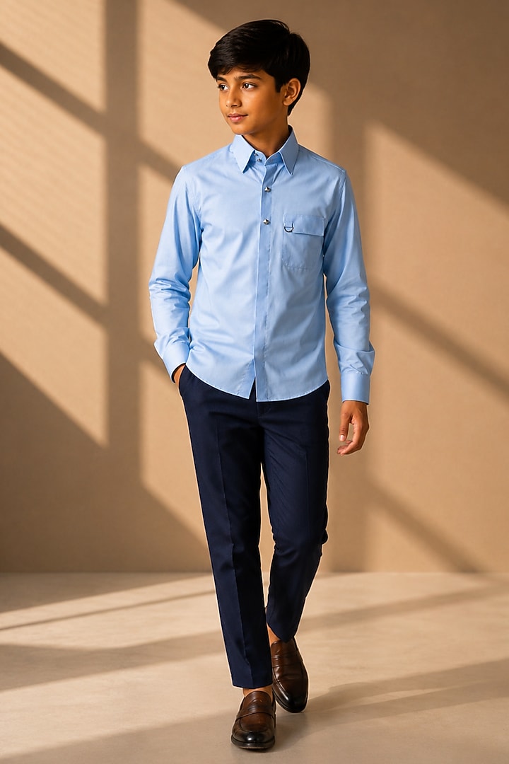 Sky Blue Cotton Shirt For Boys by Amit Arora Kids at Pernia's Pop Up Shop