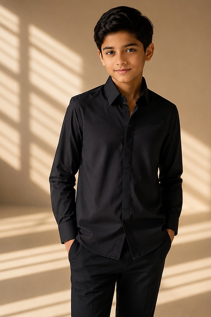 Black Cotton Shirt For Boys by Amit Arora Kids at Pernia's Pop Up Shop