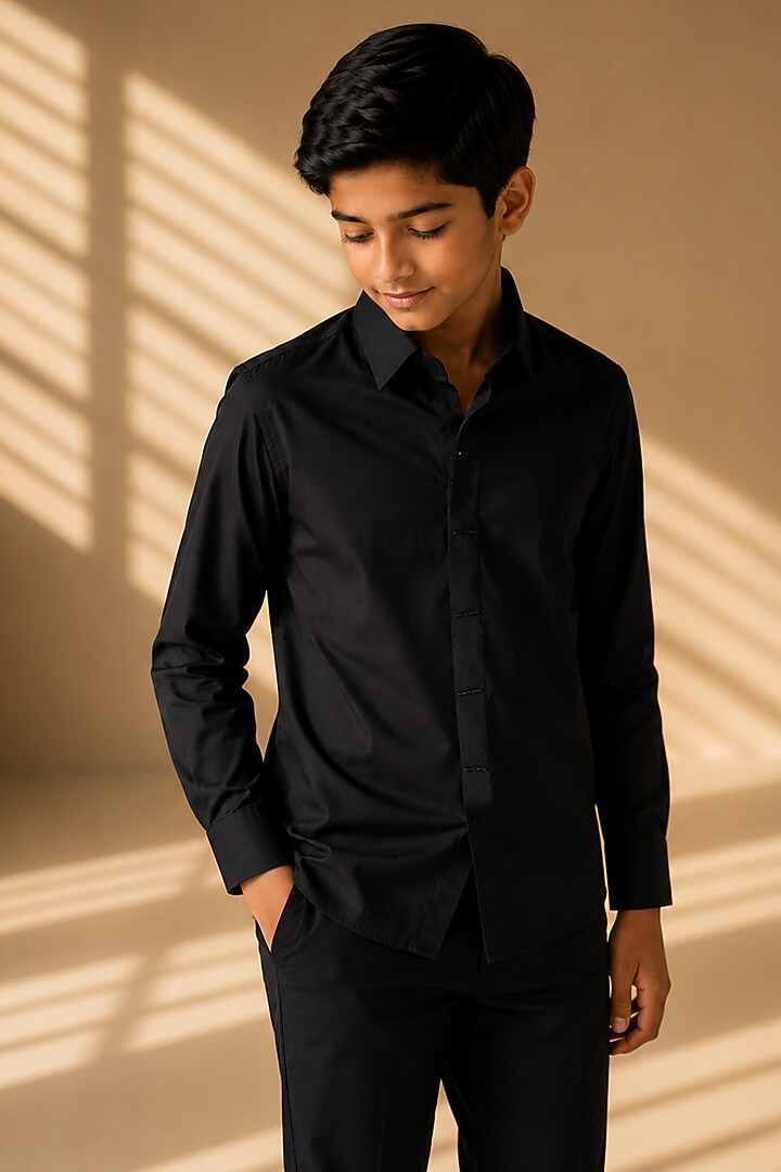 Black Cotton Shirt For Boys by Amit Arora Kids at Pernia's Pop Up Shop