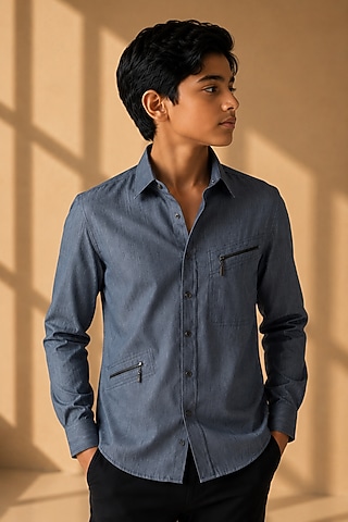 Grey Rayon Denim Shirt For Boys by Amit Arora Kids