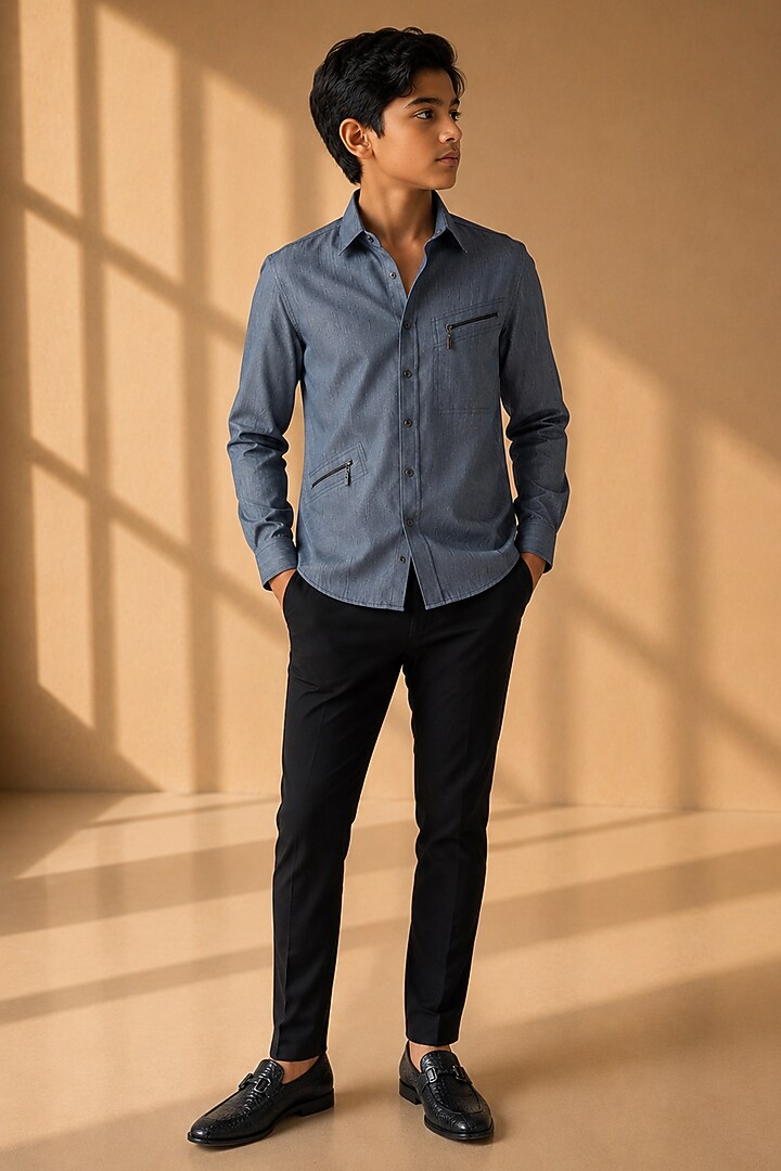 Grey Rayon Denim Shirt For Boys by Amit Arora Kids at Pernia's Pop Up Shop