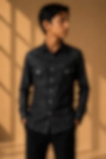 Black Rayon Denim Shirt For Boys by Amit Arora Kids at Pernia's Pop Up Shop