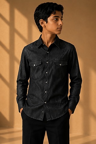 Black Rayon Denim Shirt For Boys by Amit Arora Kids