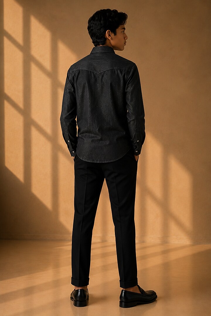 Black Rayon Denim Shirt For Boys by Amit Arora Kids at Pernia's Pop Up Shop