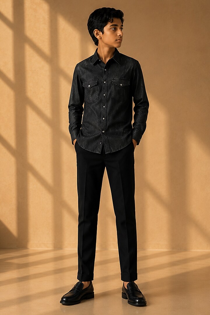 Black Rayon Denim Shirt For Boys by Amit Arora Kids at Pernia's Pop Up Shop