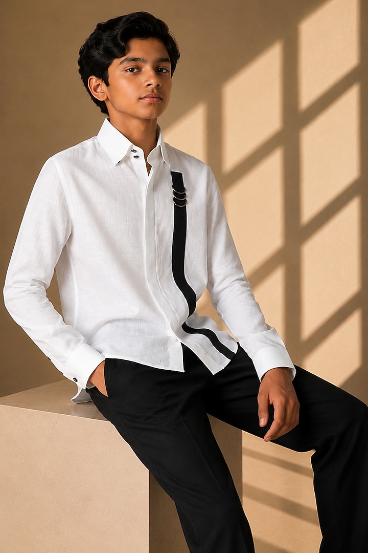 White Linen Shirt For Boys by Amit Arora Kids at Pernia's Pop Up Shop