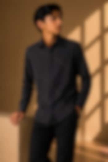 Black Polynosic Metallic Hand Embroidered Shirt For Boys by Amit Arora Kids at Pernia's Pop Up Shop