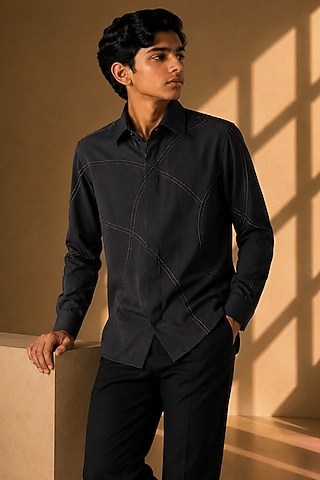 Black Polynosic Metallic Hand Embroidered Shirt For Boys by Amit Arora Kids