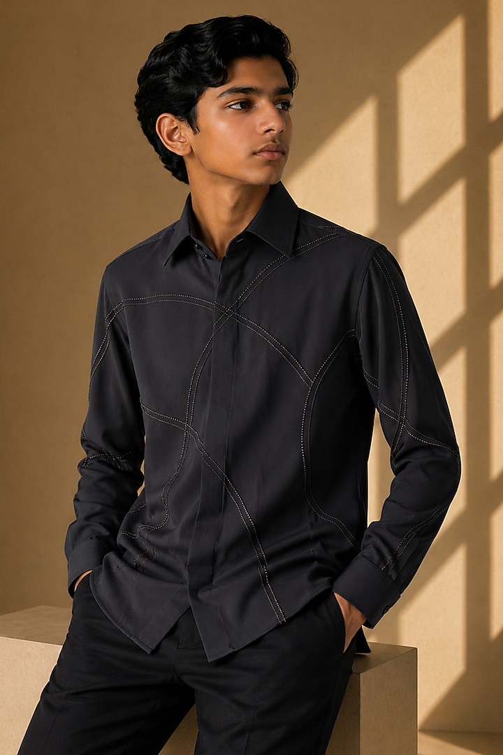 Black Polynosic Metallic Hand Embroidered Shirt For Boys by Amit Arora Kids at Pernia's Pop Up Shop