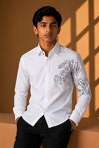 White Polynosic Motif Embroidered Shirt For Boys by Amit Arora Kids