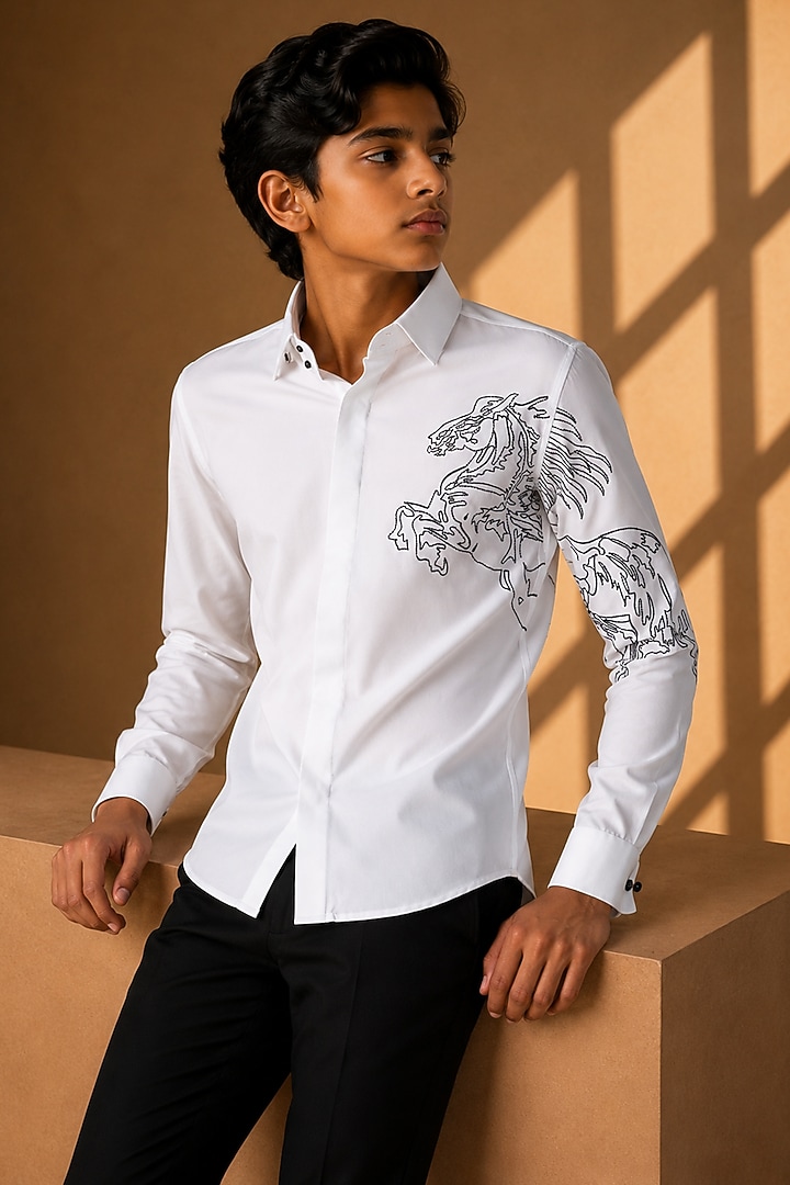 White Polynosic Motif Embroidered Shirt For Boys by Amit Arora Kids at Pernia's Pop Up Shop