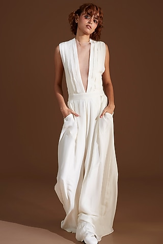 White Chiffon Pleated Jumpsuit by Archana Rao
