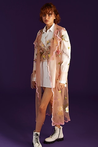 Nude Tulle Embellished Jacket Set by Archana Rao