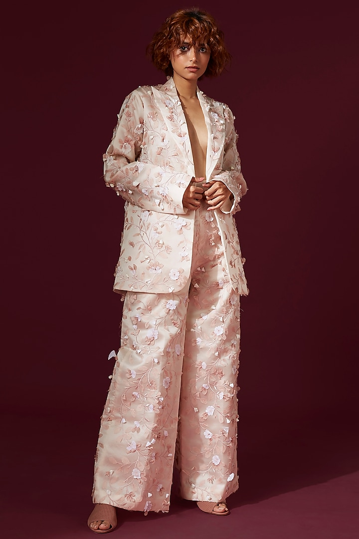 Blush Pink Organza Embellished Blazer Set by Archana Rao