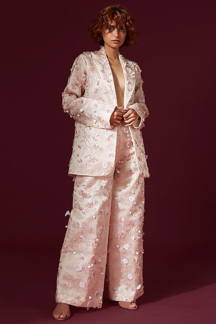 Blush Pink Organza Embellished Blazer by Archana Rao