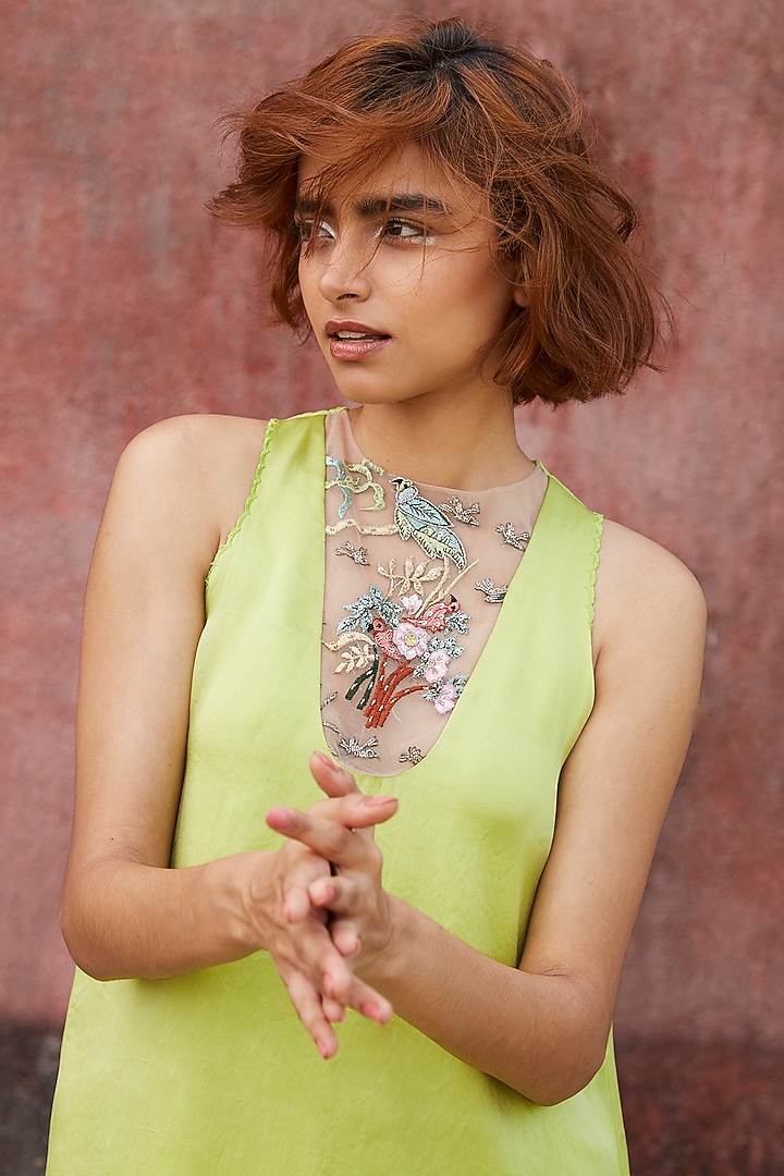 Green Organza & Net Shift Cocktail Dress by Archana Rao at Pernia's Pop Up Shop