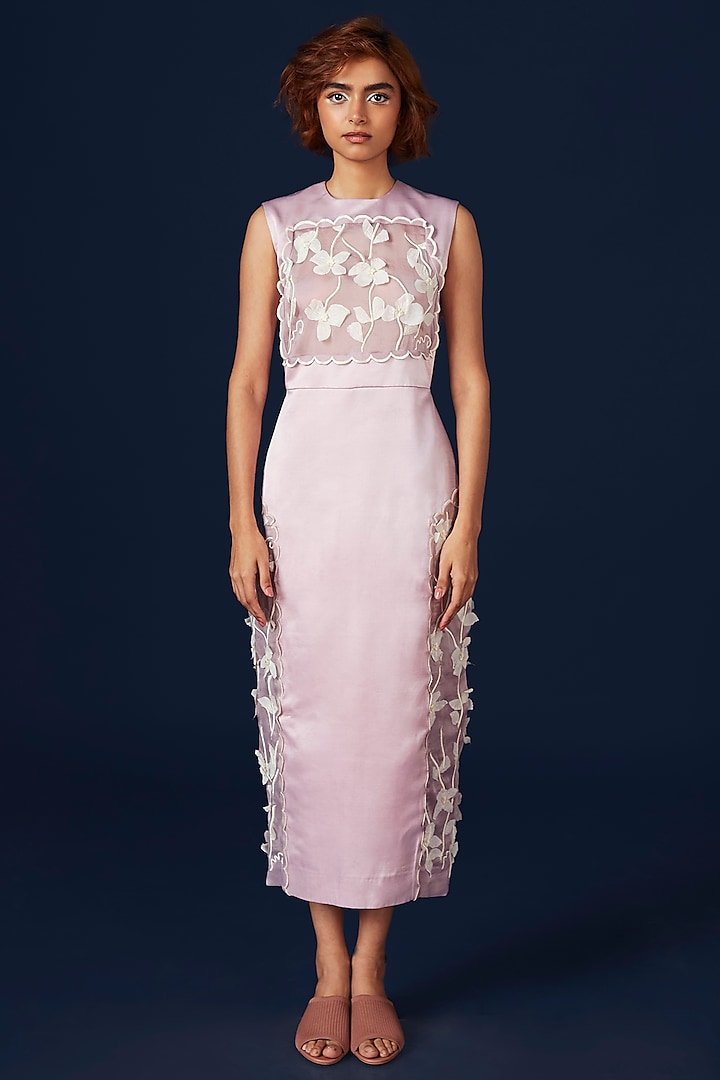 Lavender Satin Floral Embroidered Dress by Archana Rao