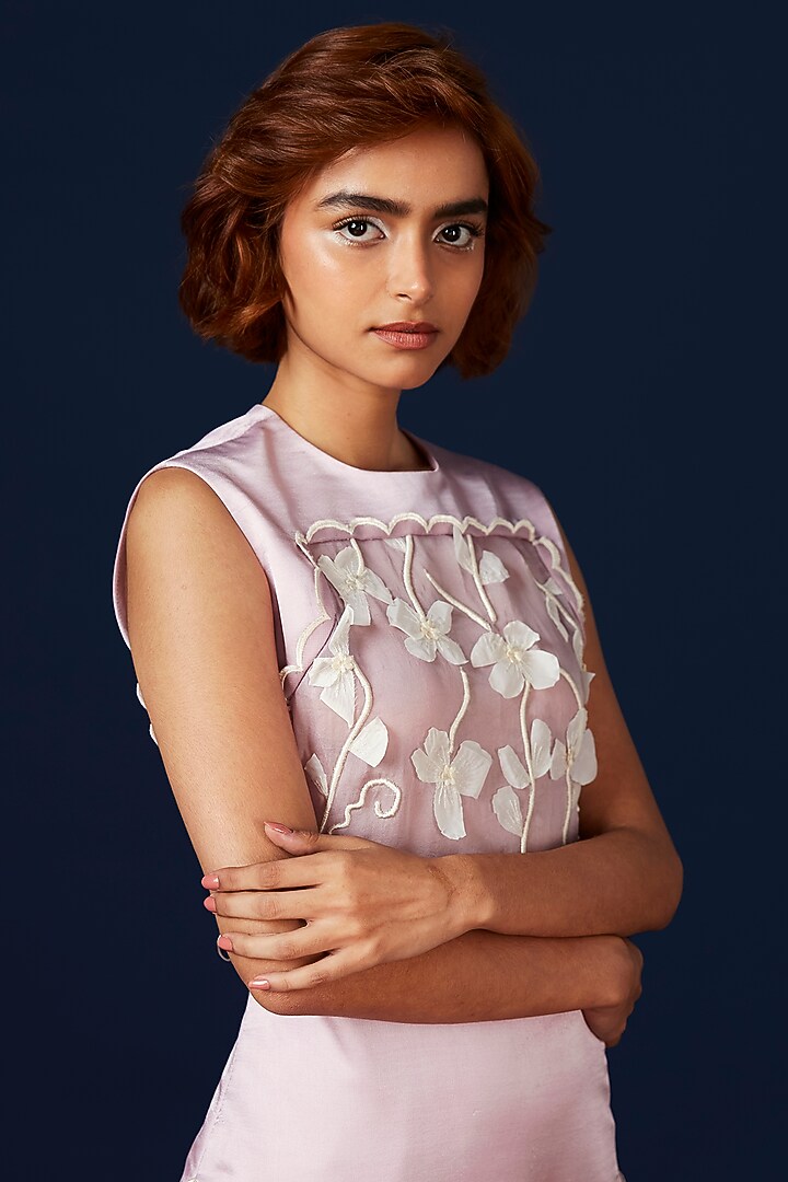 Lavender Satin Floral Embroidered Cocktail Dress by Archana Rao at Pernia's Pop Up Shop