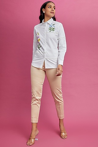 White Poplin Embroidered Shirt by Archana Rao