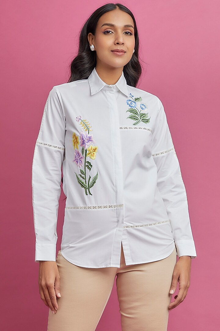 White Poplin Embroidered Shirt by Archana Rao at Pernia's Pop Up Shop