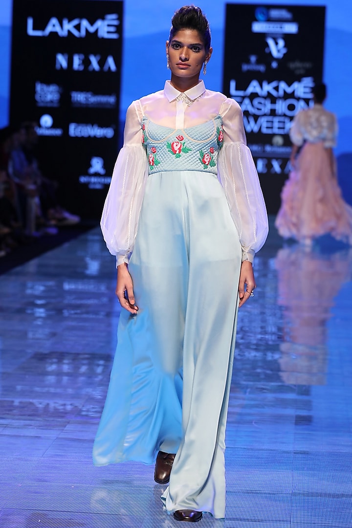Powder Blue Embroidered Jumpsuit by Archana Rao