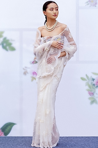 Ivory Silk Organza Saree Set by Archana Rao