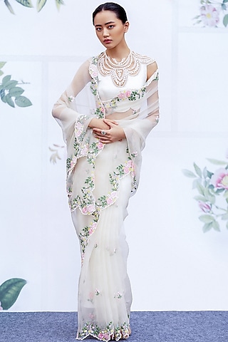 Ivory Embroidered Saree Set by Archana Rao