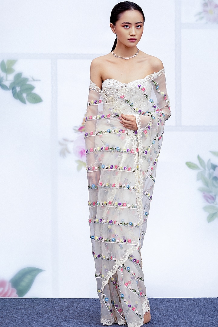 Ivory Floral Embroidered Saree Set by Archana Rao