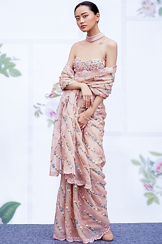 Peach Floral Embroidered Saree Set by Archana Rao