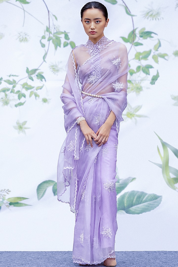 Lavender Pure Silk Organza Embellished Saree Set by Archana Rao