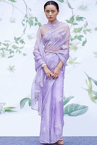 Lavender Pure Silk Organza Embellished Saree Set by Archana Rao
