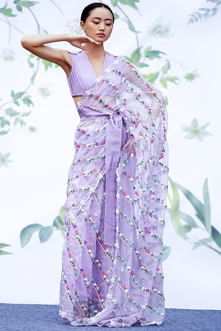 Lavender Silk Organza Saree Set by Archana Rao