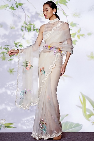 Ivory Embroidered Saree by Archana Rao