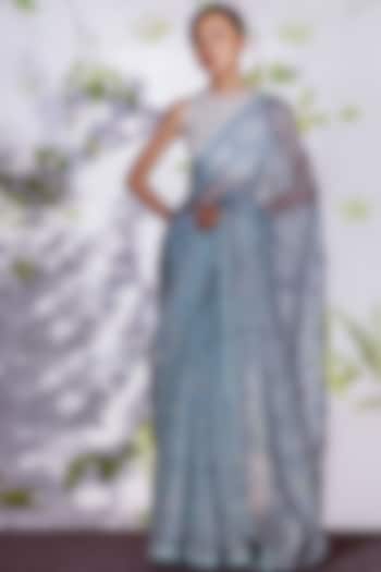 Powder Blue Silk Organza Embroidered Saree Set by Archana Rao