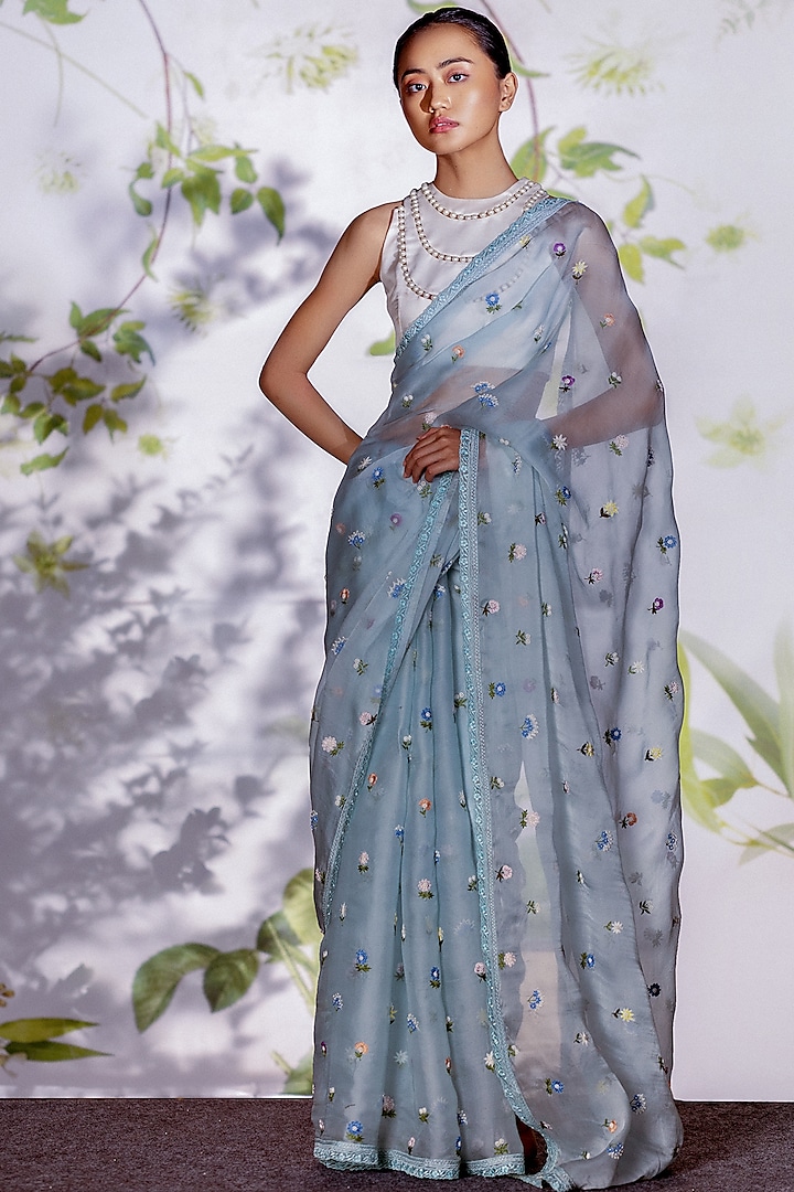 Powder Blue Silk Organza Embroidered Saree Set by Archana Rao