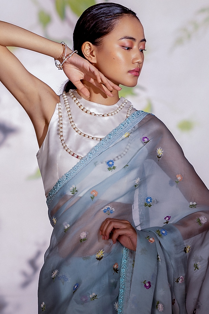 Powder Blue Silk Organza Embroidered Reception Saree Set by Archana Rao at Pernia's Pop Up Shop