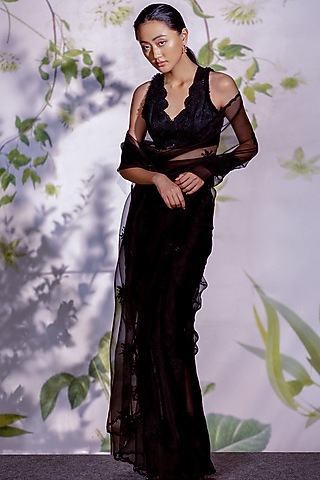 Black Silk Organza Embellished Saree Set by Archana Rao