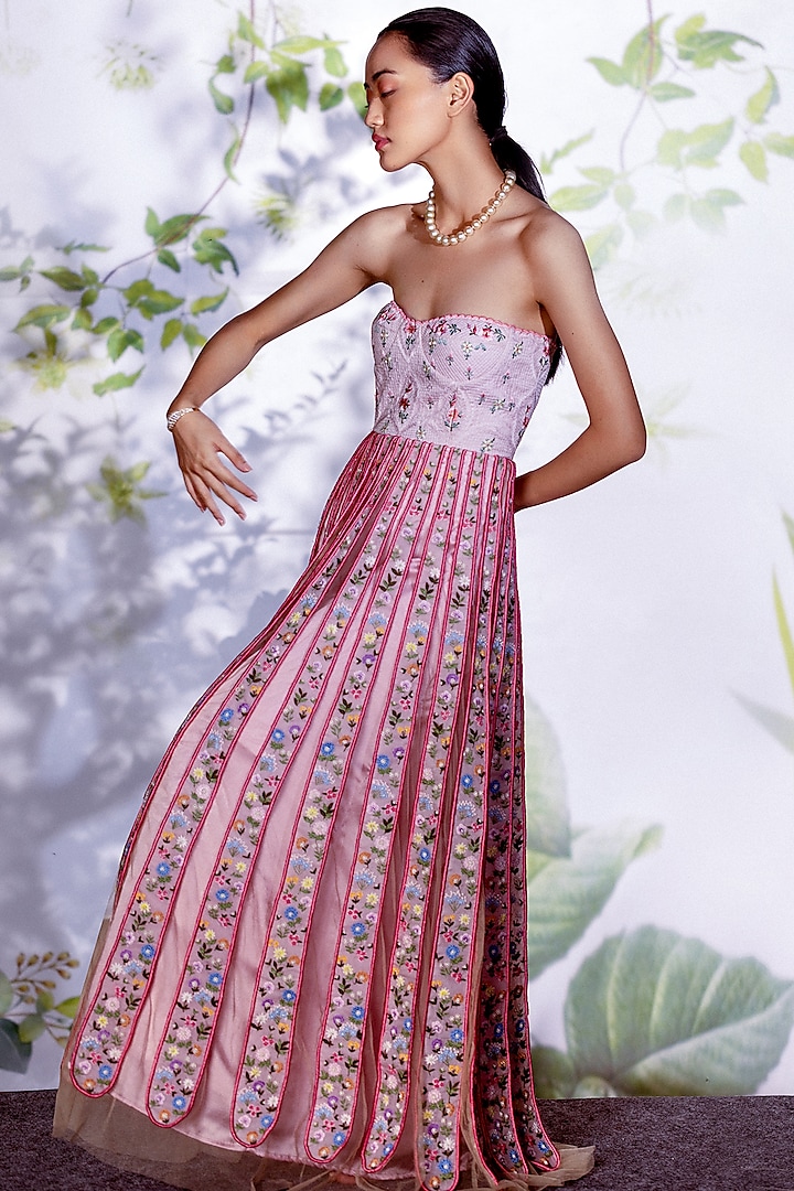 Pink Embroidered Corset Gown by Archana Rao