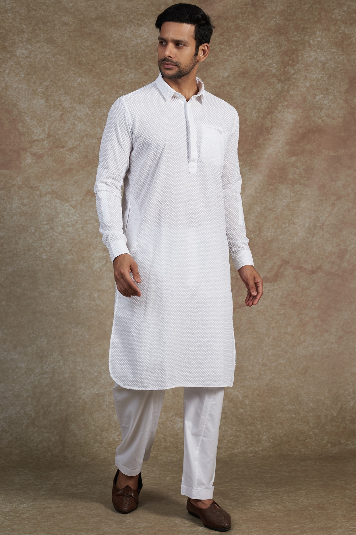 White Rayon Embroidered Pathani Kurta Set Design by ARRUGA at