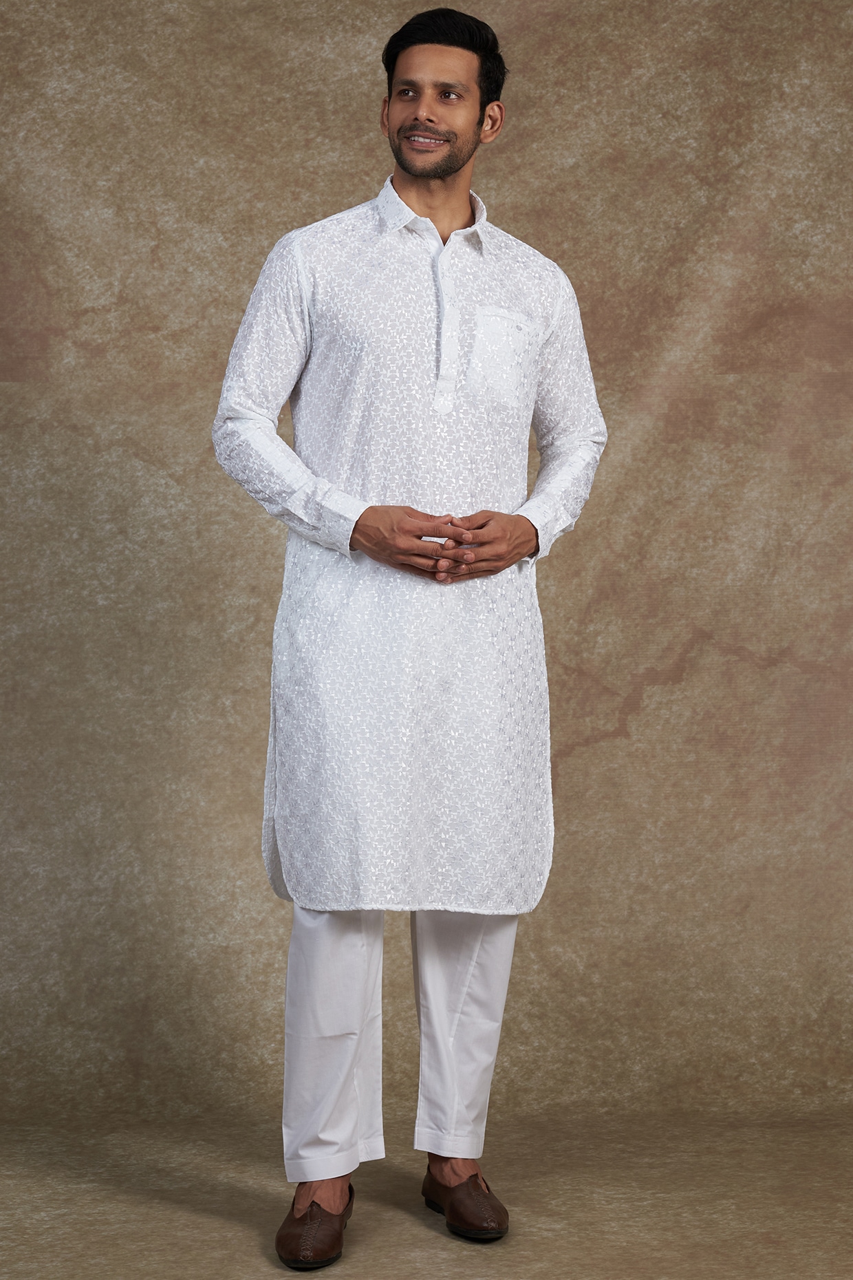 White Rayon Embroidered Pathani Kurta Set Design by ARRUGA at