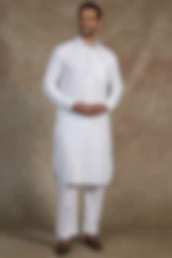 White Rayon Embroidered Pathani Kurta Set by ARRUGA