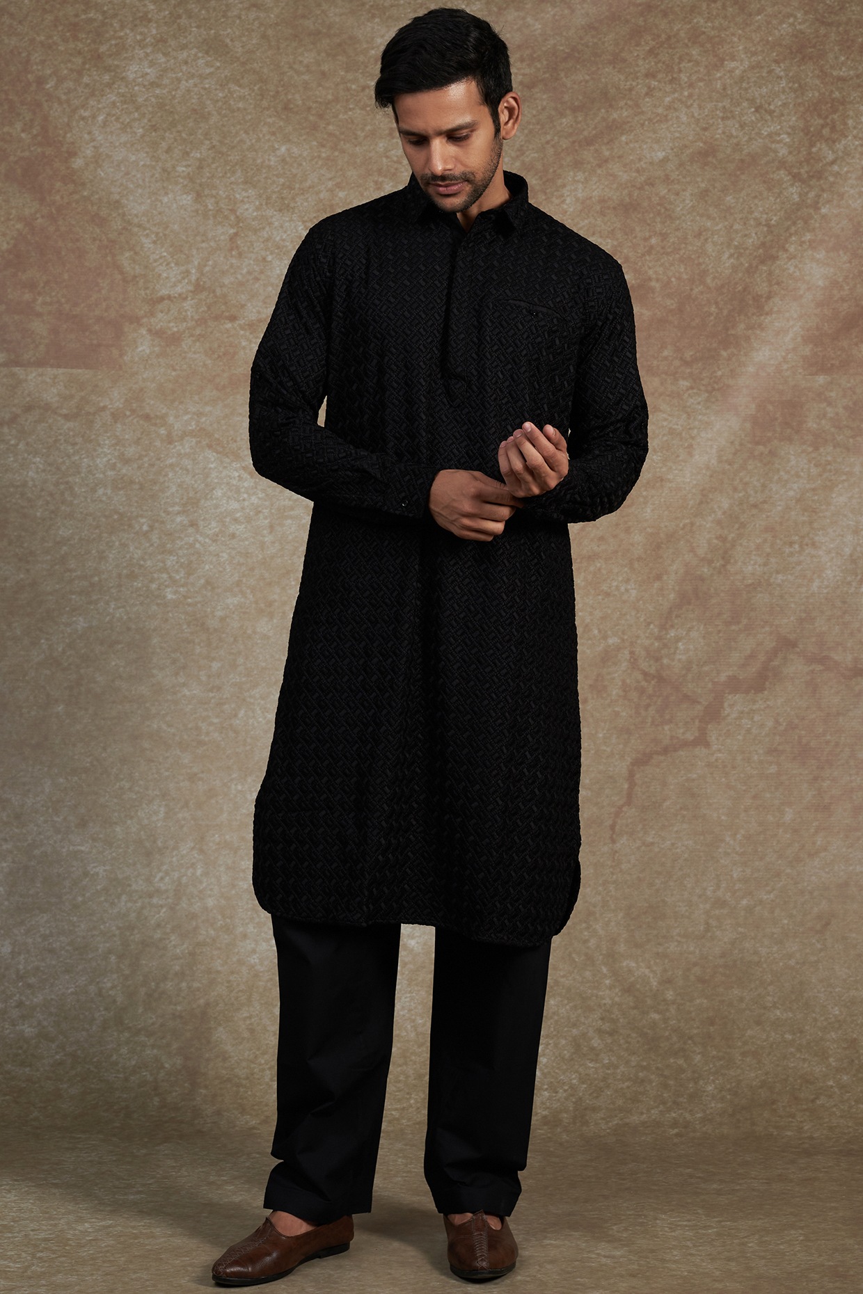 Black Rayon Embroidered Pathani Kurta Set Design by ARRUGA at