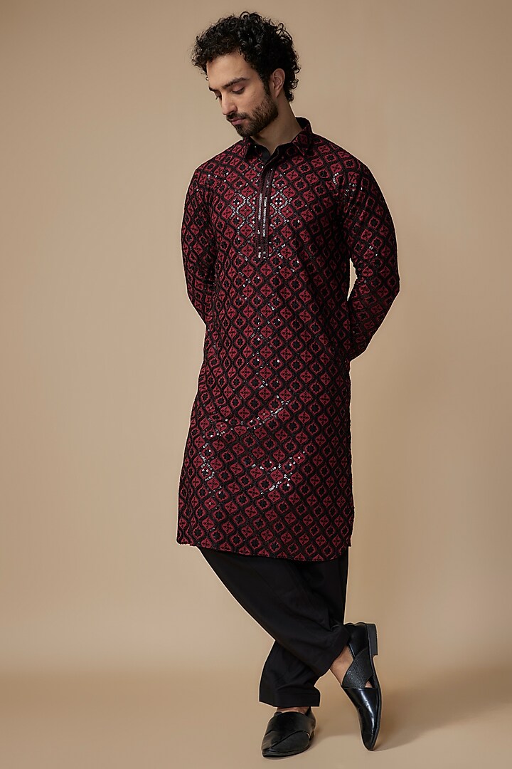 Red Rayon Sequins Embroidered Pathani Kurta Set by ARRUGA