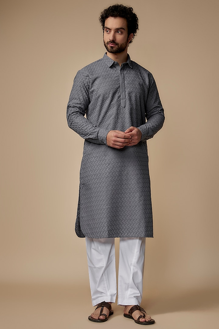 Grey Cotton Chikankari Embroidered Pathani Kurta Set by ARRUGA
