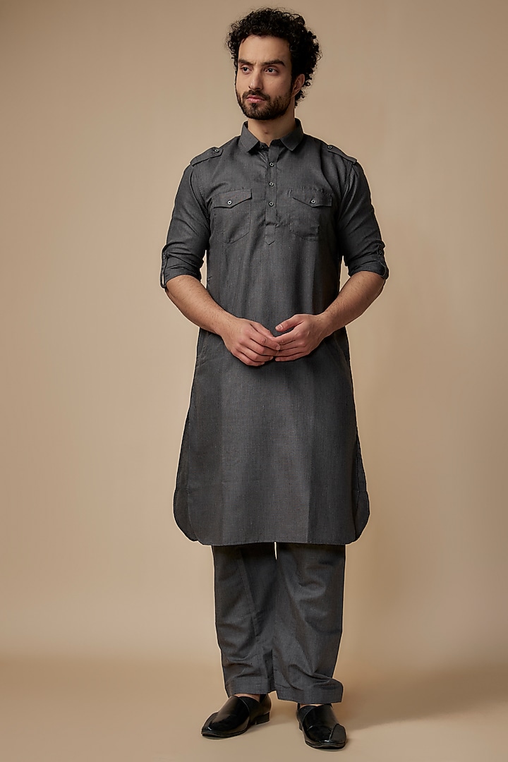 Grey Cotton Pathani Kurta Set by ARRUGA