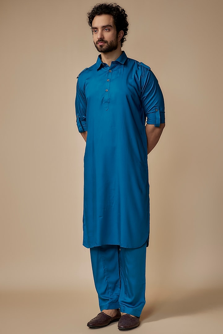 Blue Cotton Satin Pathani kurta Set by ARRUGA