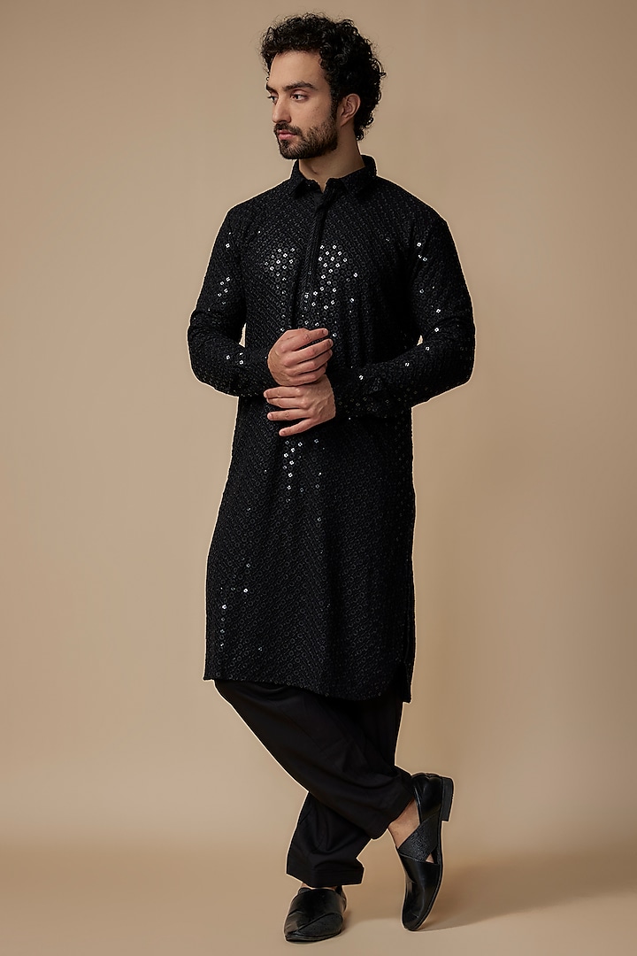 Black Rayon Sequins Embroidered Pathani Kurta Set by ARRUGA