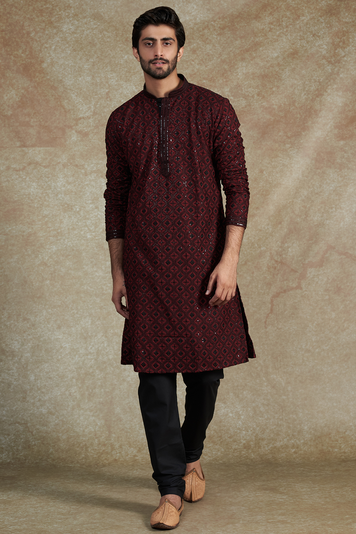 Maroon Silk Rayon Embroidered Kurta Set by ARRUGA